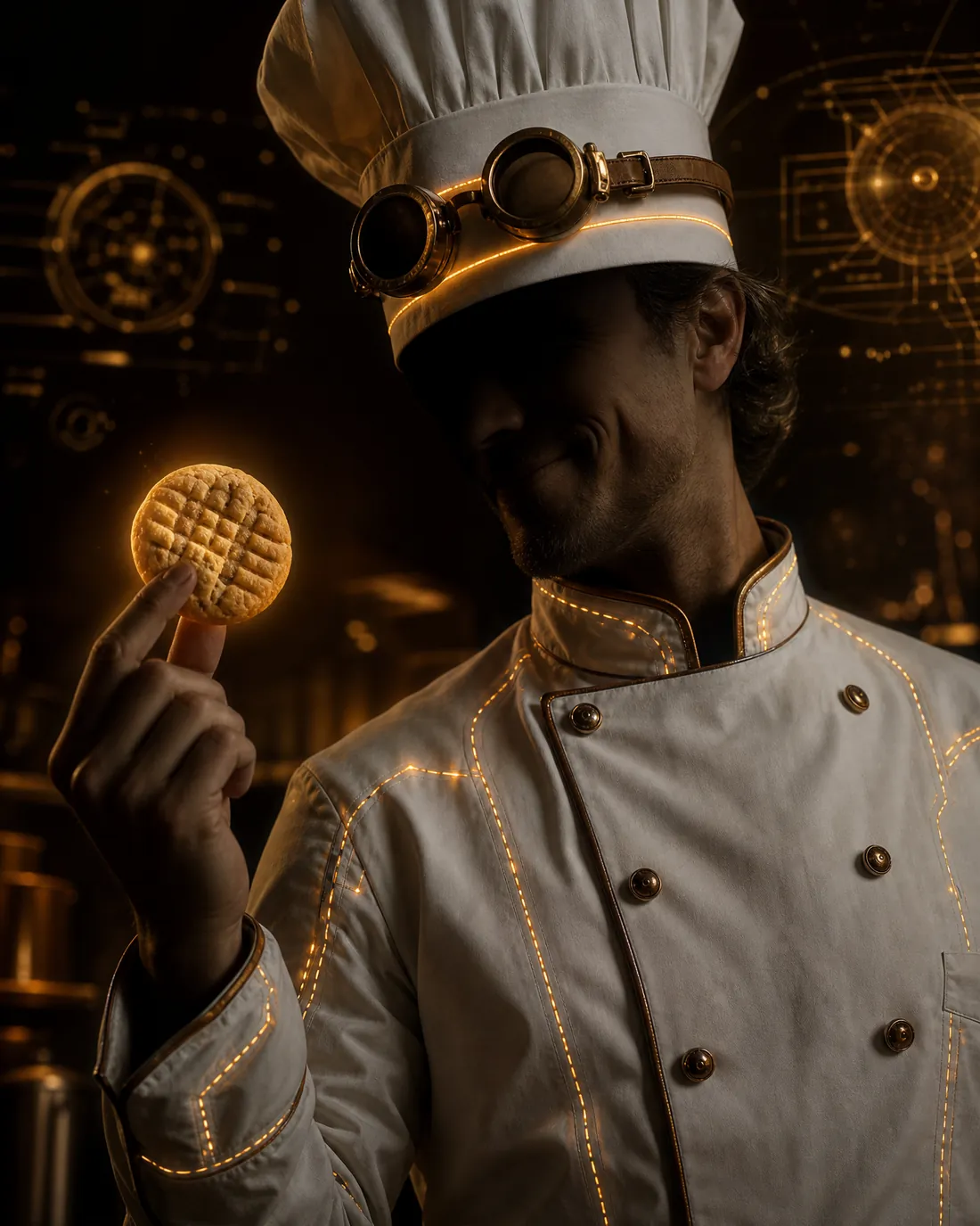 A chef in a glowing, copper-trimmed chef jacket holding up a peanut butter cookie