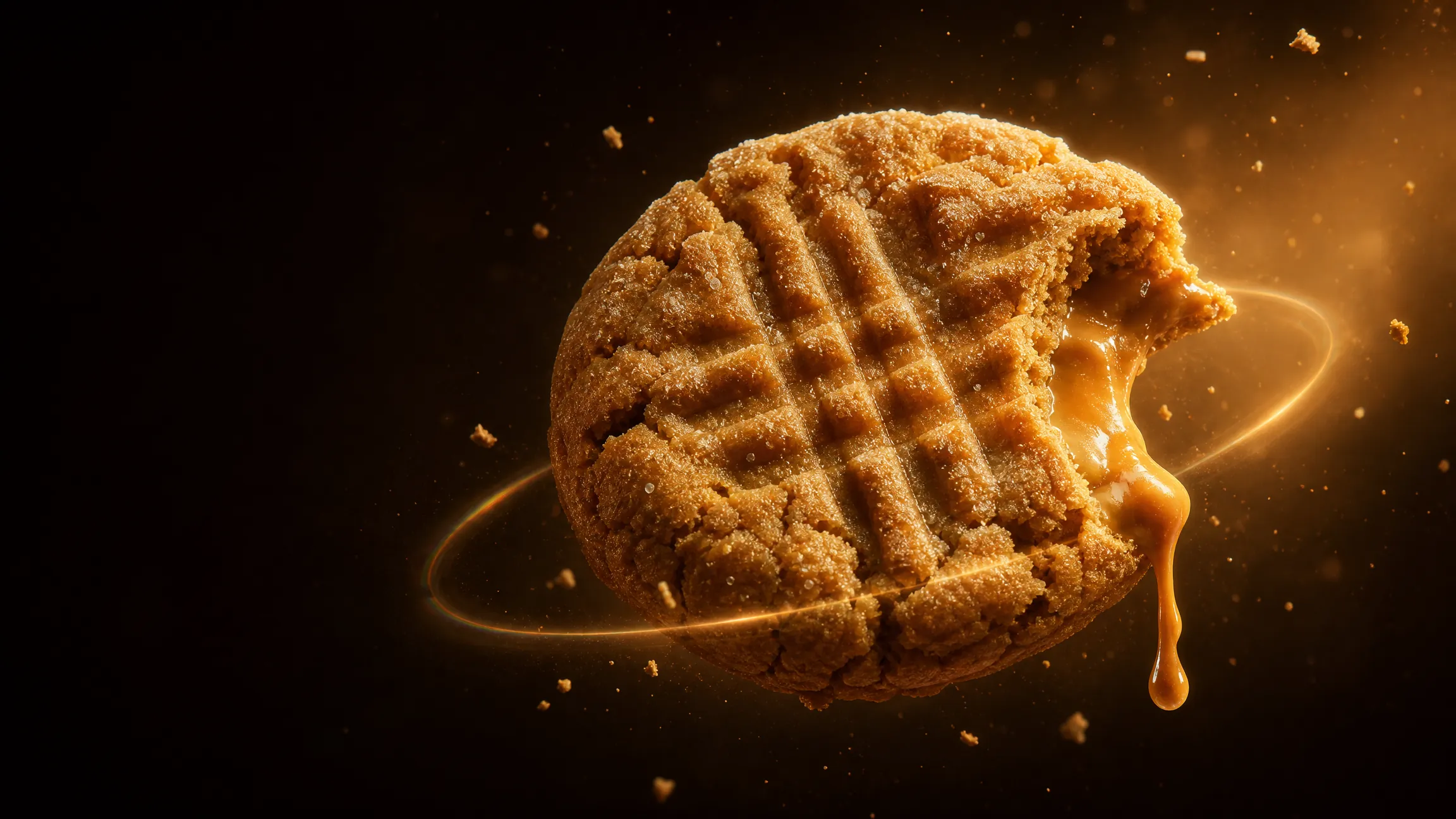 A peanut butter cookie floating in amber light, molten peanut butter dripping from the bite
