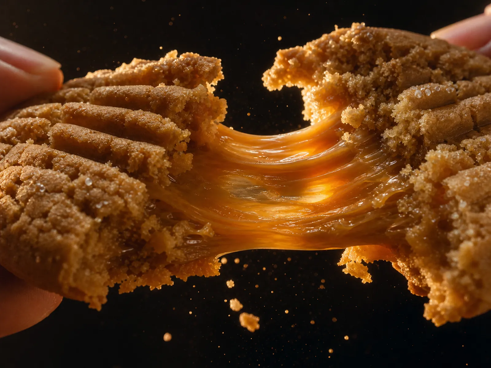 A peanut butter cookie torn in half, molten peanut butter stretching between the halves
